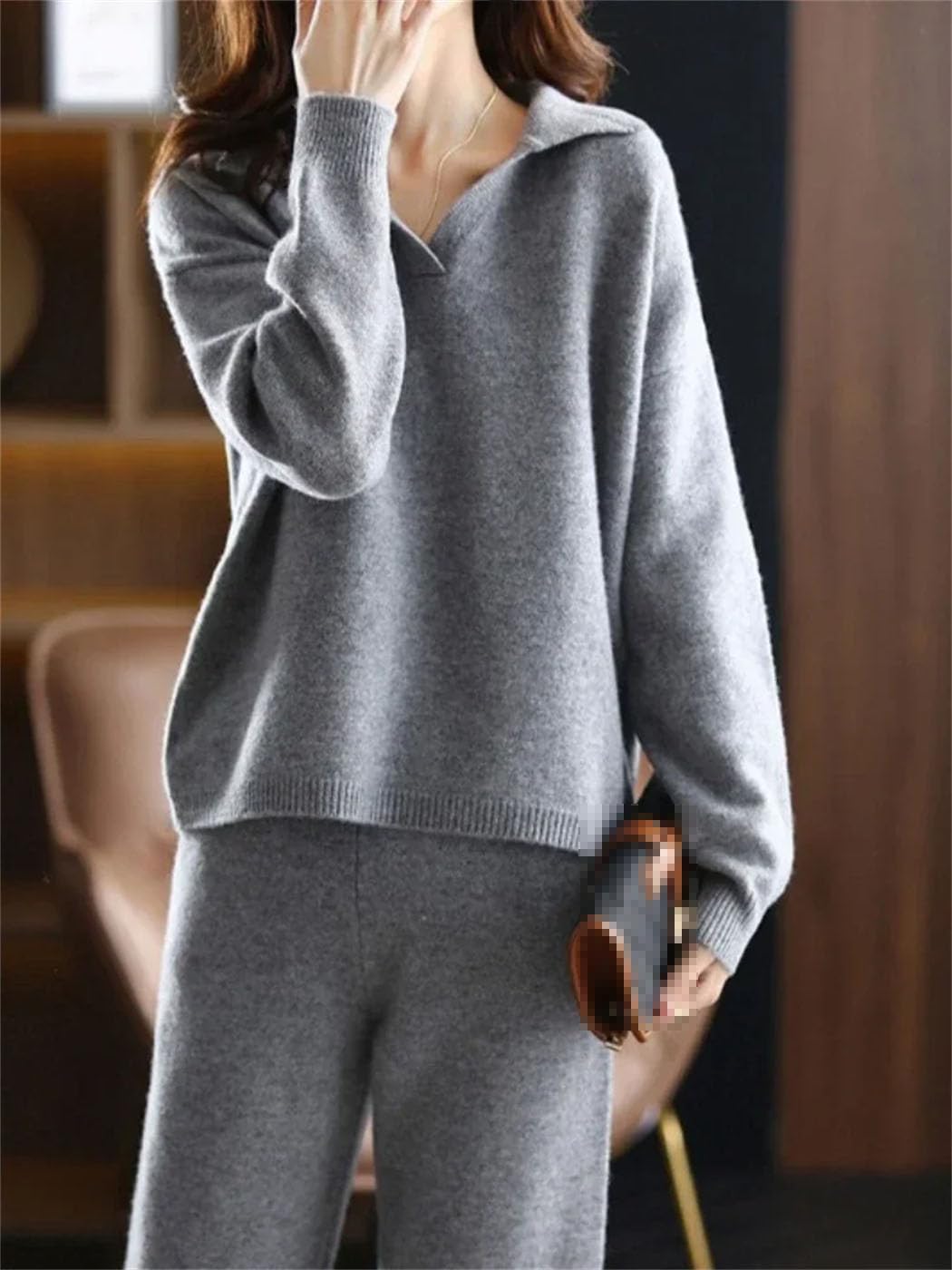 Haitpant 2 Pezzi Set Donna Oversize Tuta Polo Collare Maglione E Pantaloni Dritti Maglia Pullover Set Maglione Suit