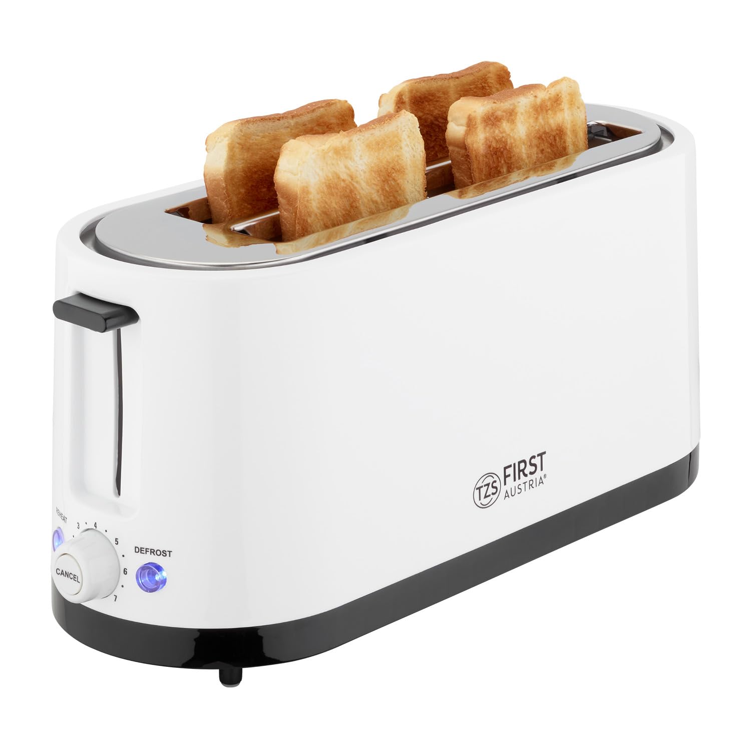 TZS First Austria tostapane 4 fette, 1400W, cassetto raccoglibriciole, scaldapanini, corpo isolato, regolazione temperatura, acciaio inox, funzione scongelamento, centratura pane