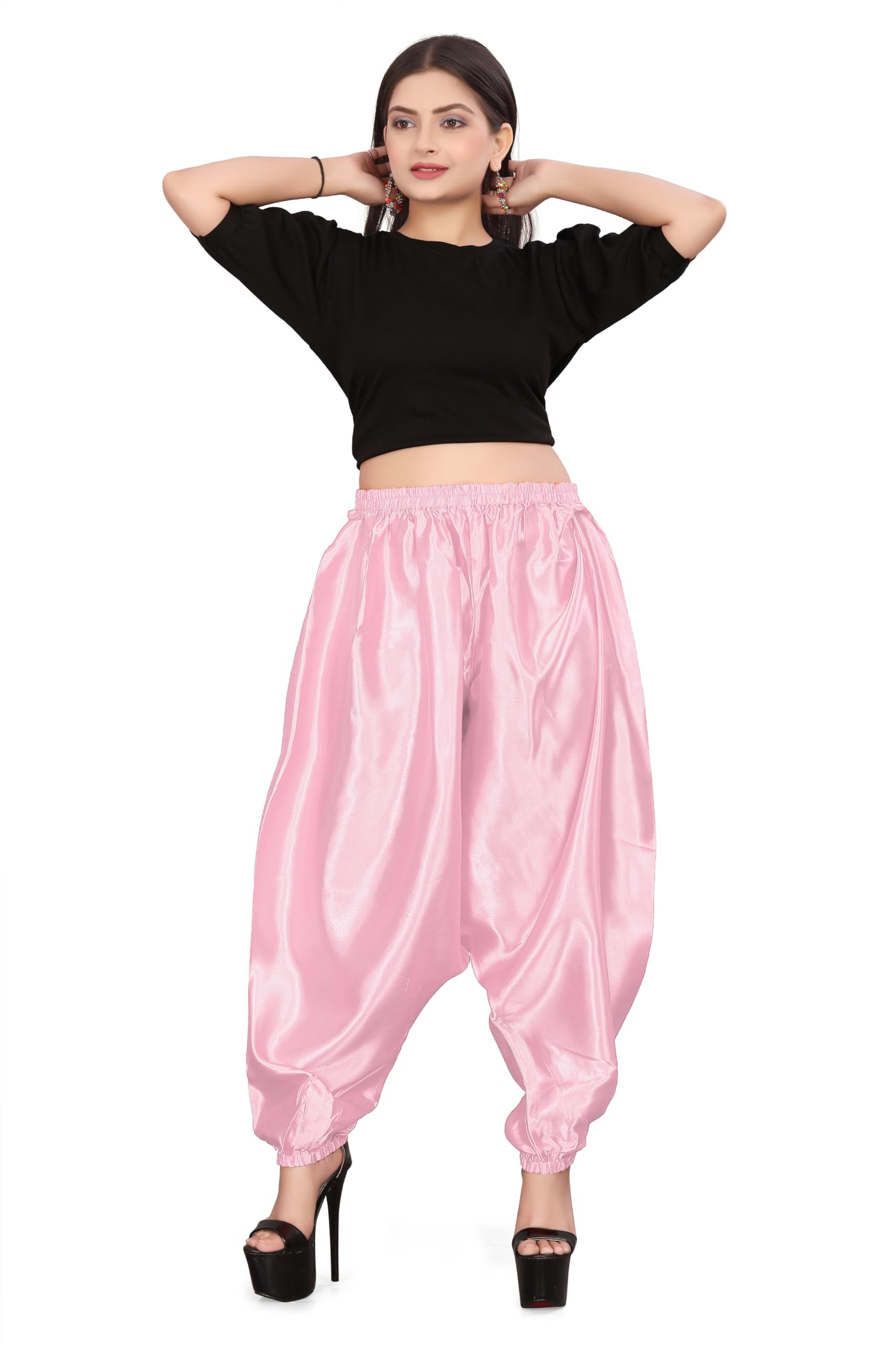 MEEK MERCERY BY KF Satin Belly Dance Harem Boohoo Pant – Elastic Waist, S to 5XL – 41 Colours – Flowing Performance Costume for Stage, Bollywood, Cosplay, Festival & Lounge Wear Light Pink