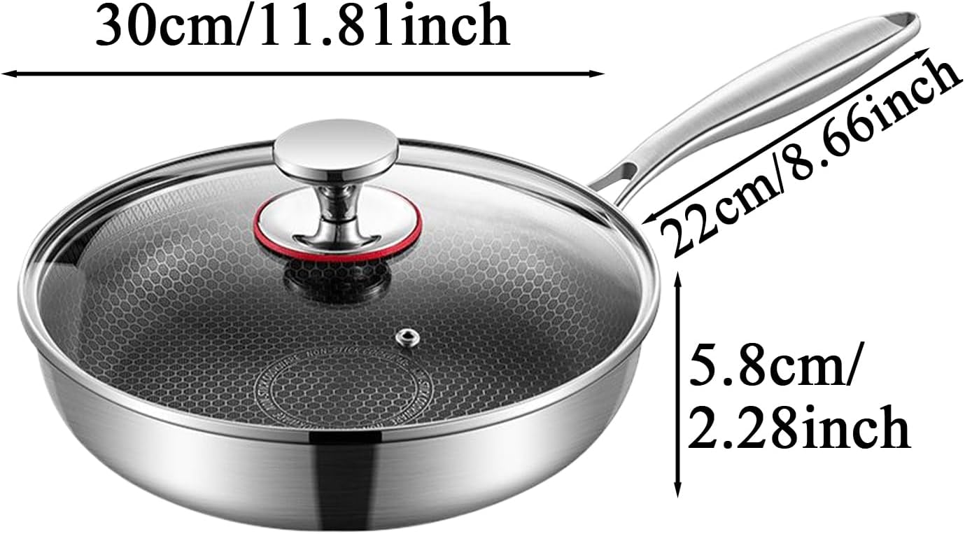 Nonstick Saute Pan - Stainless Steel Nonstick, Scratch-Resistant Honeycomb, Tempered Glass Lid, Cooks Eggs Pancakes Soups, Versatile - Saute Skillet, Metal Utensil Safe | For Home Kitchen