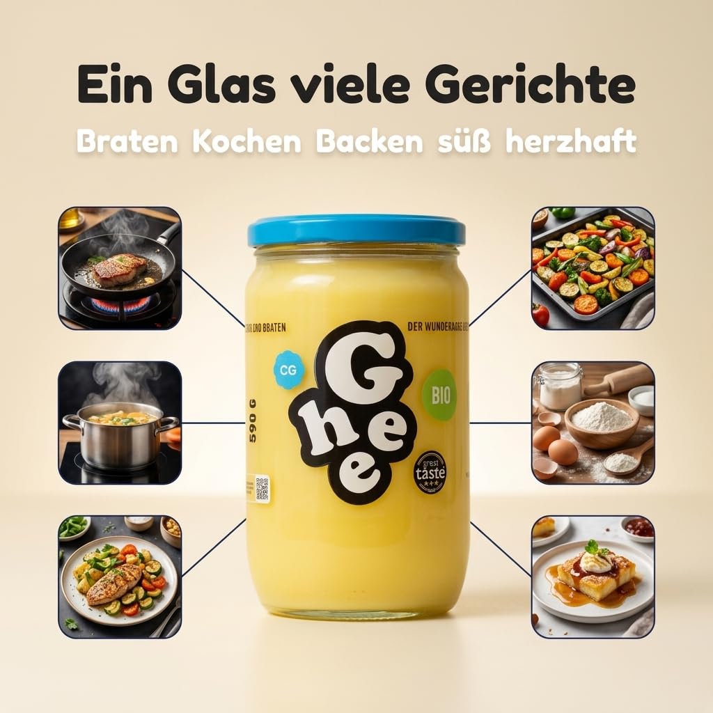 Ghee Bio Butterschmalz 590 g, Geklärte Butter, Laktosefrei | Grasgefüttert, Ayurveda-Qualität, zum Braten Kochen Backen, glutenfrei, ohne Zusatzstoffe, Great Taste Award, 100% EU