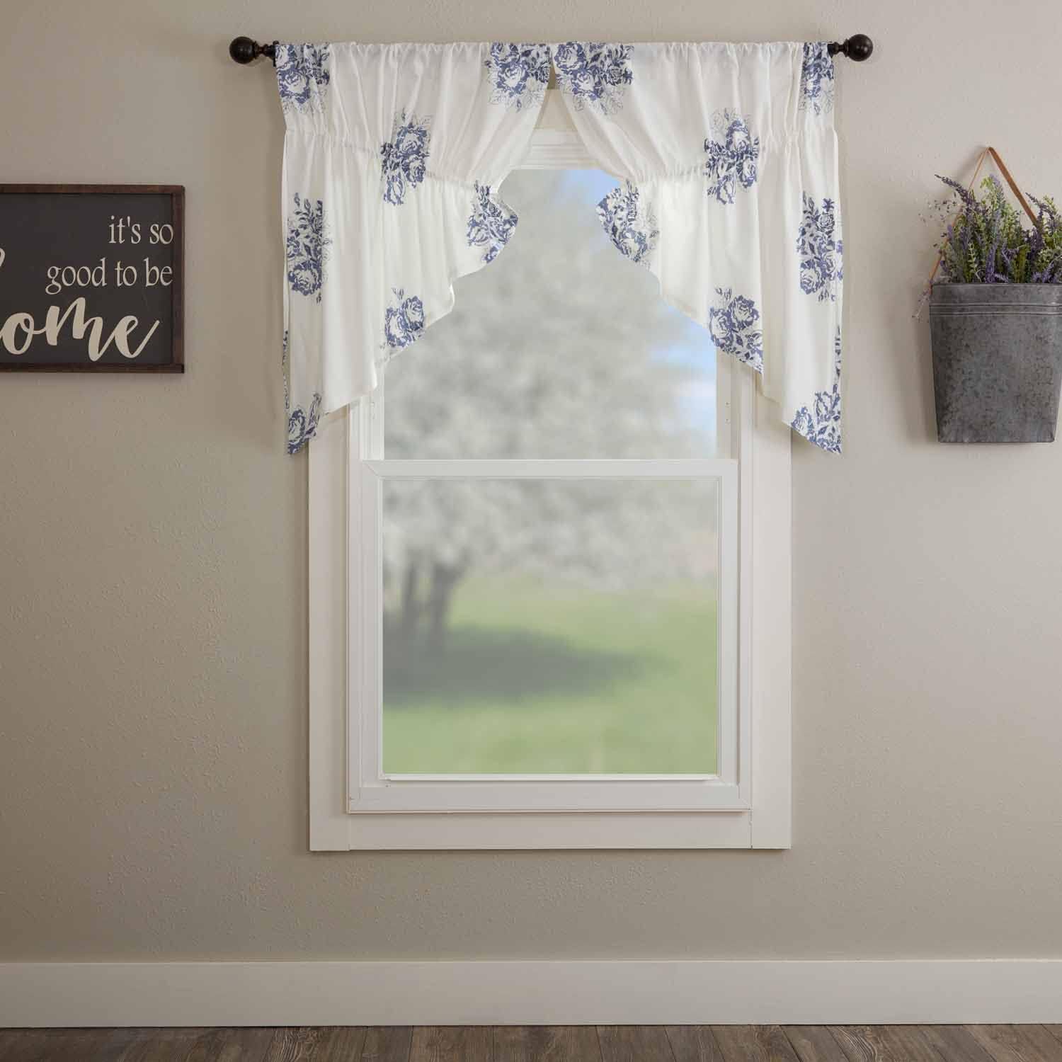 Piper Classics Lydia Blue Prairie Swag Curtains, Set of 2, 36" L x 36" W, Vintage Farmhouse, Cottage Style Floral Gathered Swags