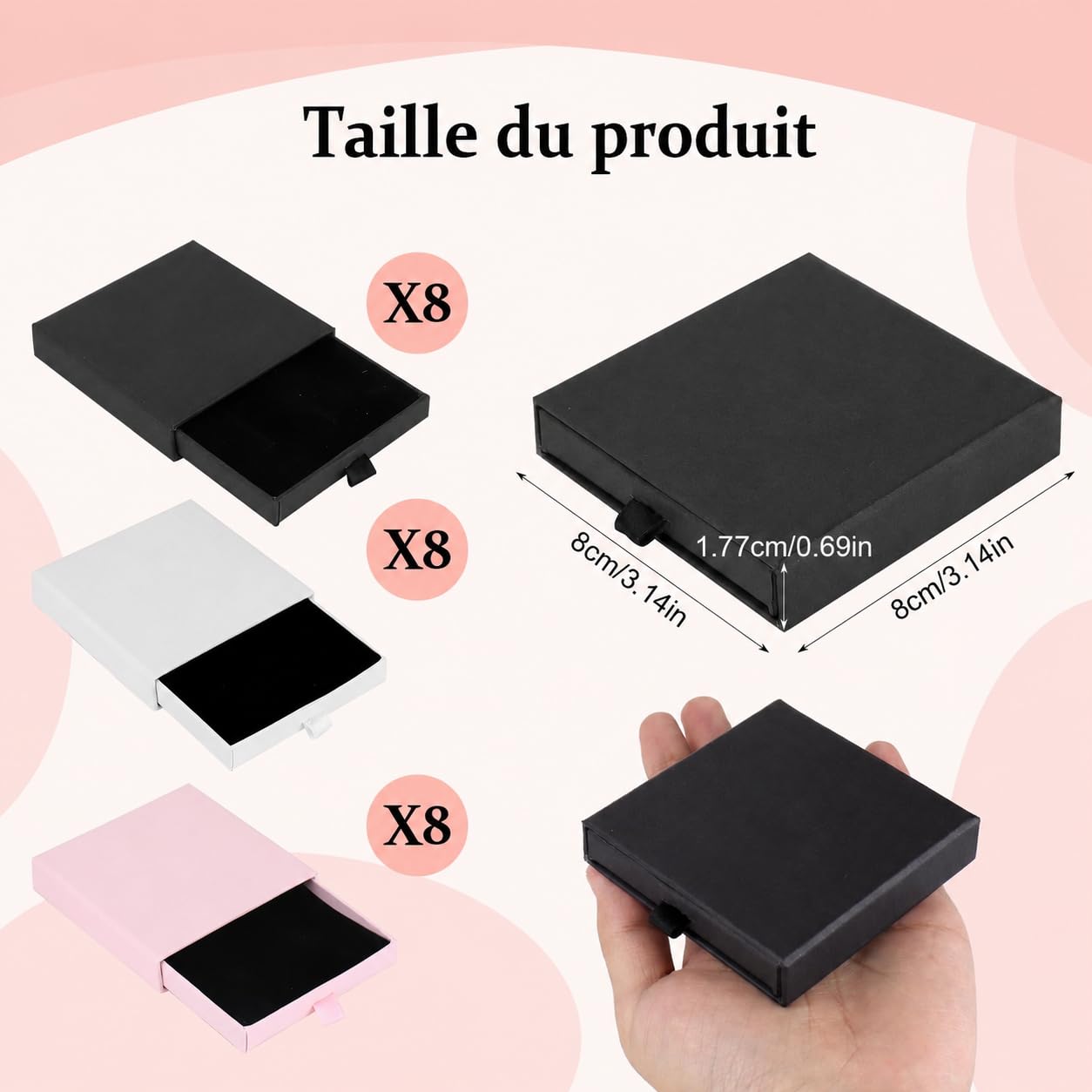 Lot de 24 Écrins Cadeaux pour Bijoux, 8 x 8 x 1,7 cm, avec Mousse