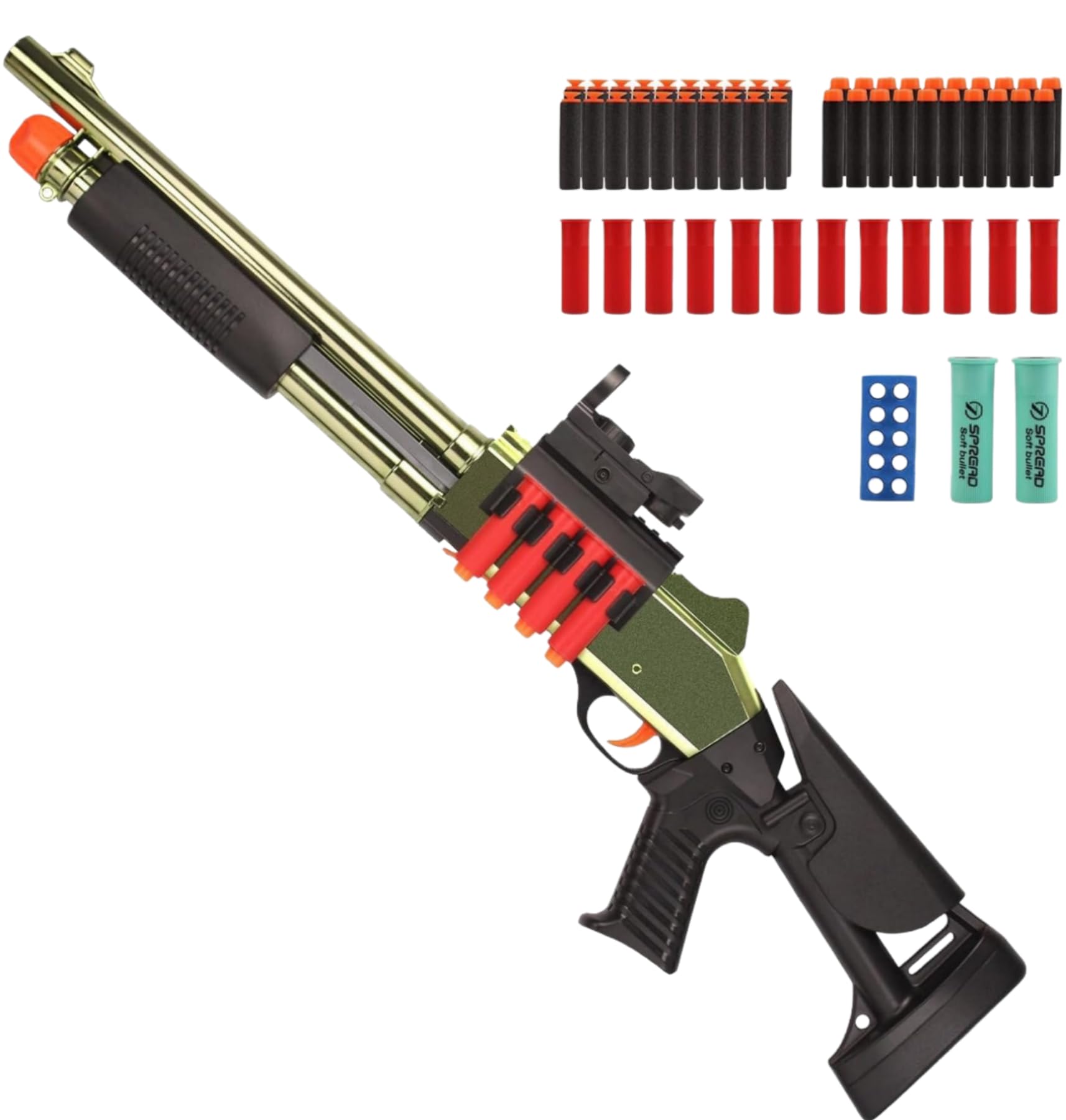 Blaster per freccette in schiuma EVA morbida da 76 cm, con 14 involucri a guscio, 50 freccette in schiuma, fucile realistico a pompa, per oltre 14 anni