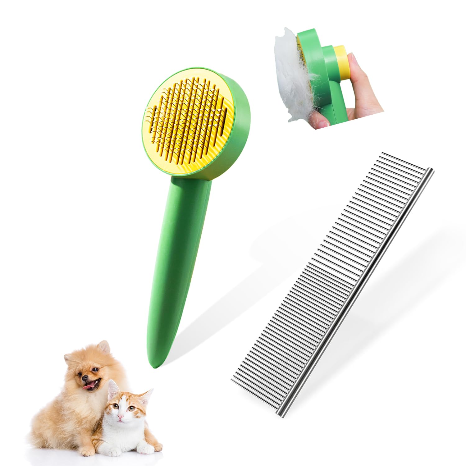 Dog & Cat Brush,Pet Grooming Kit 2PCS- Cat Brush for Shedding| Pet Metal Comb. Self-Cleaning Slicker Brush for Short and Long Hair. Removes Undercoat, Loose Hair, Tangled, Dirt and Massages. 2PCS-Green