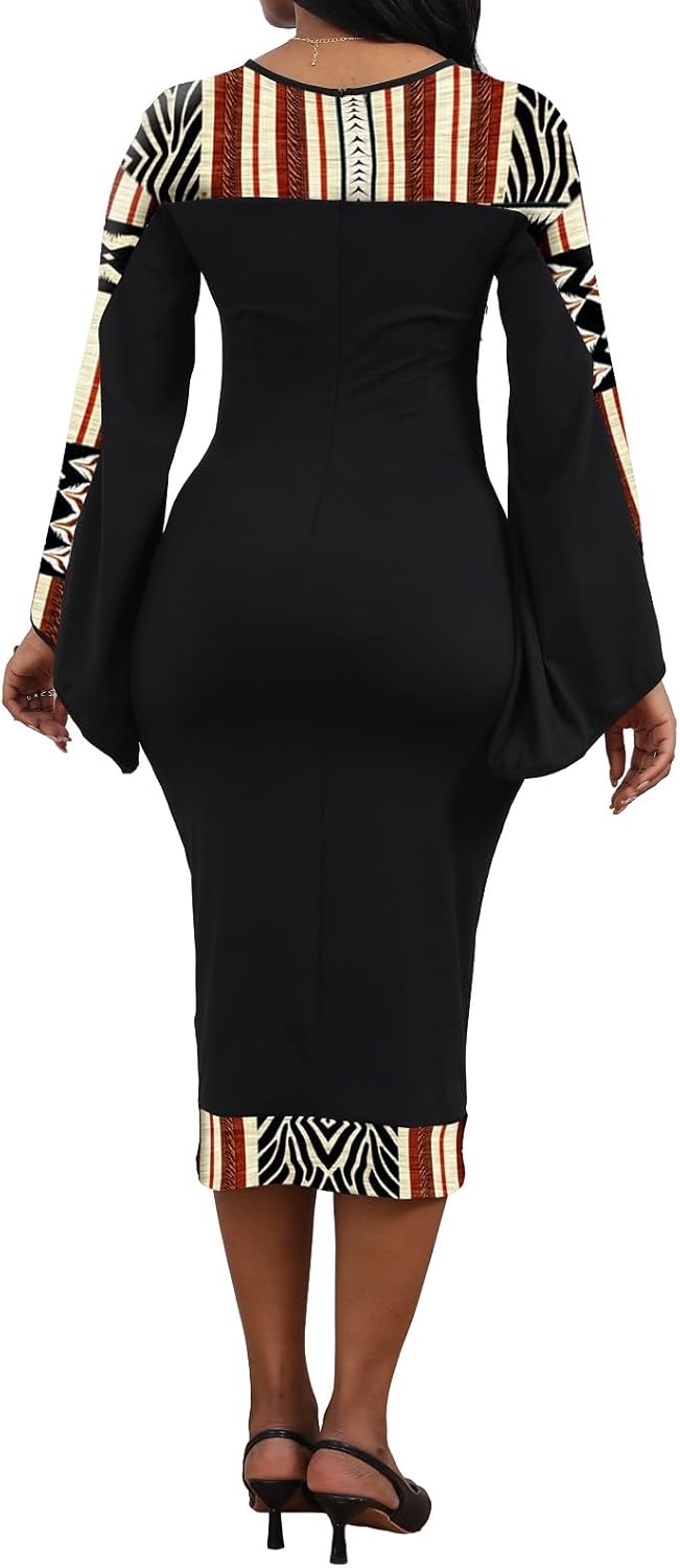 Oxgmoky Women's African Print Dress Work Business Bodycon Long Sleeve Round Neck Pencil Dresses - Image 2