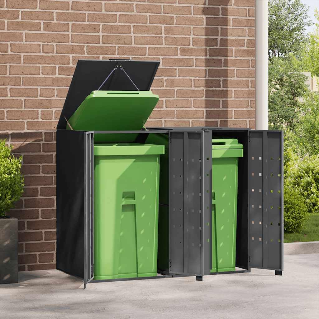 Caja para cubos de basura para 2 toneladas, color antracita, 138 x 79 x 117 cm, cubierta de acero con tapa de resorte de gas y cierre magnético, puertas delanteras para fácil acceso y buena