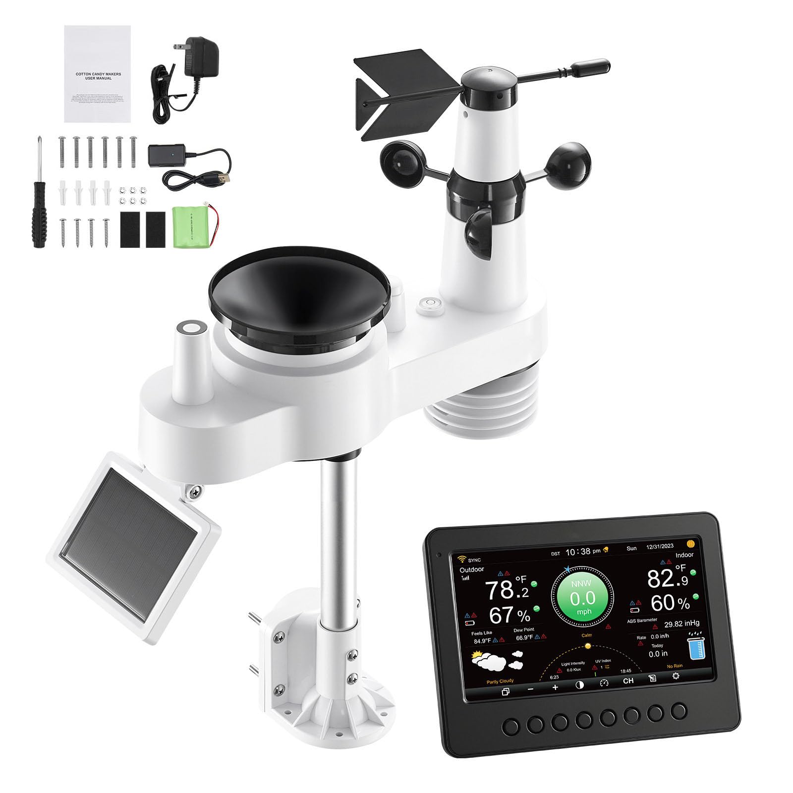 VEVOR Stazione Meteorologica Wi-​Fi, Schermo TFT da 185,​9 x 137,​4 x 28,​5 mm, Sensore Esterno Wireless Alimentato a Energia Solare, Pluviometro, per Interni ed Esterni per Previsioni del Tempo