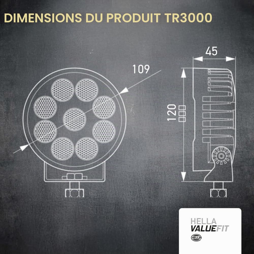 HELLA Valuefit 1G0 357 113-002 Led-Projecteur De Travail Tr3000 - 12/24V - 3000Lm - Montage En Saillie/Vissé - Support De Montage Pivotant - Éclairage Du Champs Proche - Câble: 800Mm