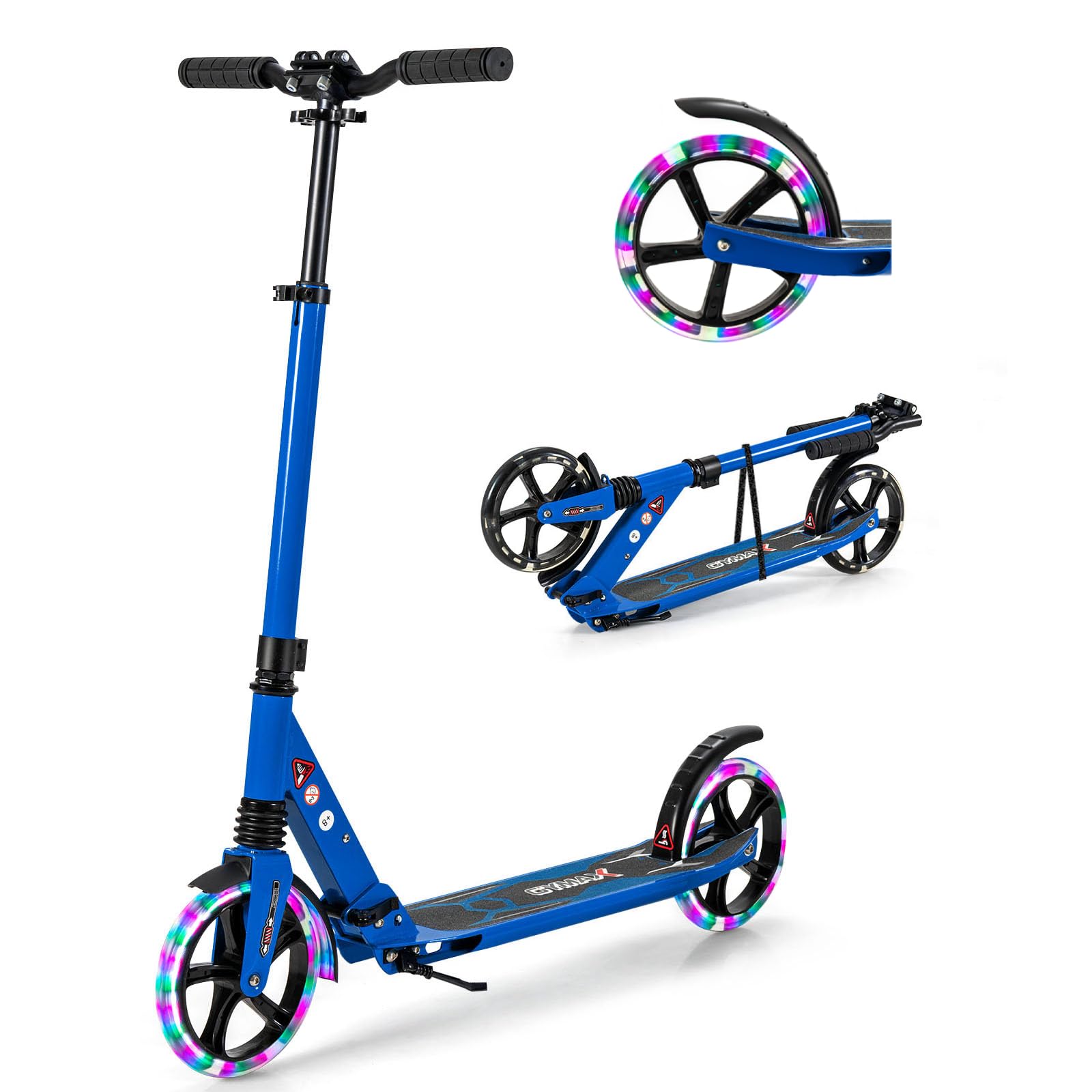 GYMAX Foldable Kick Scooter, Height Adjustable City Scooter with Light Up Wheels, Shock-Absorbing System, Non-Slip Deck & Rear Brake, Lightweight Scooters for Kids Adults and Teens (Blue)