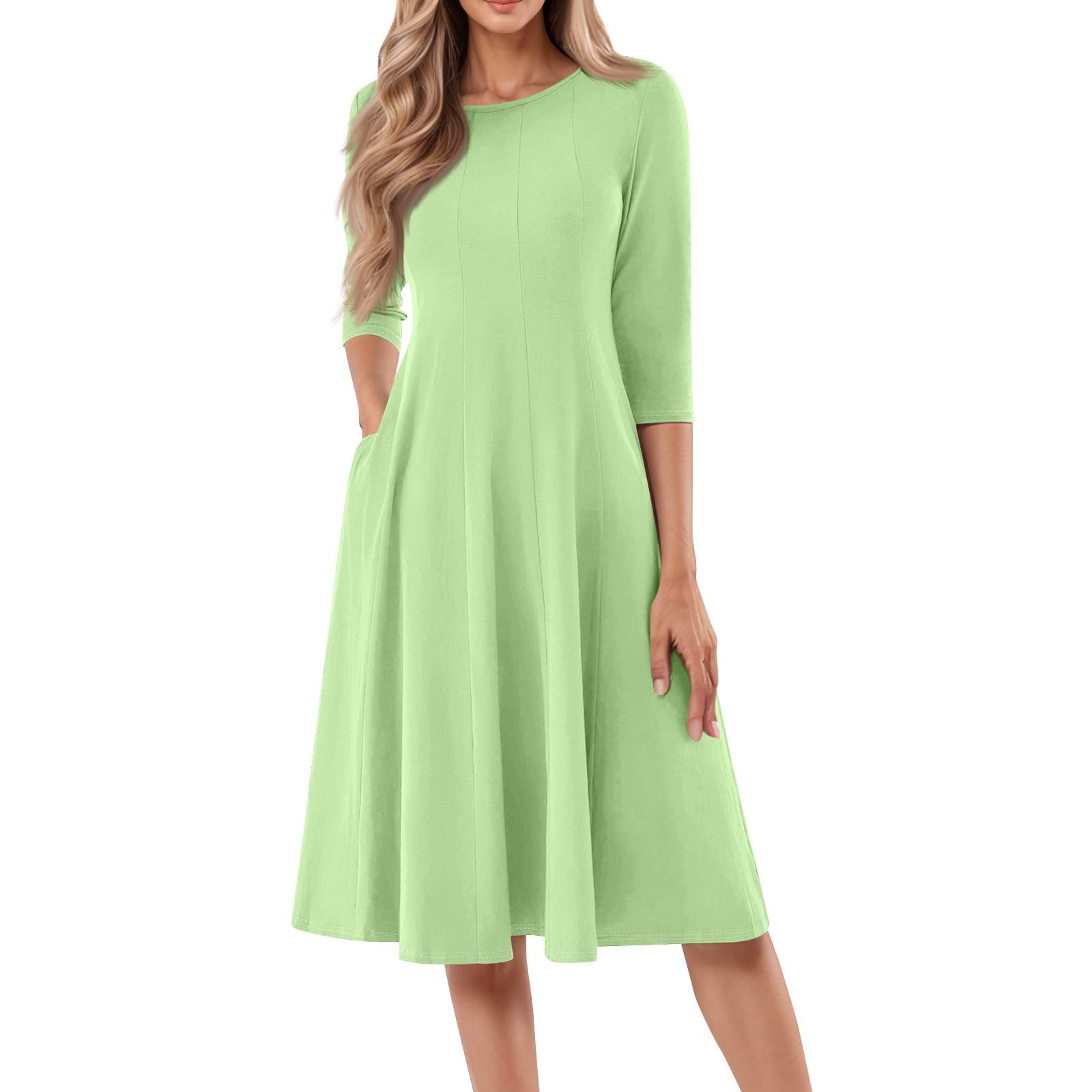 Women's Casual Midi Solid Color Dress A Line 3/4 Sleeve Tunic Dresses Pleated Crew Neck Fashion Loose Fit Wrap Dress