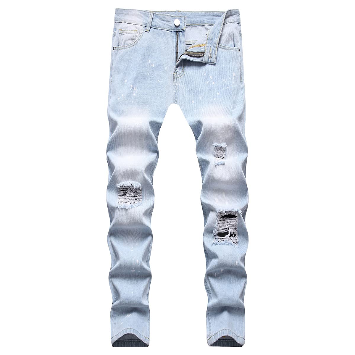 TC-GFRLight Blue Street Distressed Destroyed Jeans For Men Slim Fit Straight Leg Fashion Denim Pants