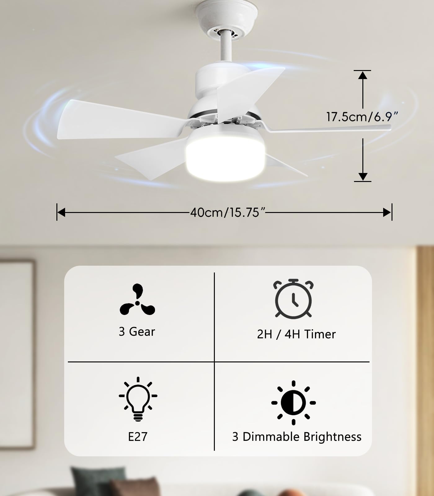 Alljia Ceiling Fans with Lights and Remote, 40W E27 Small Ceiling Fan Light 2H/4H Timer, Dimmable - Image 3
