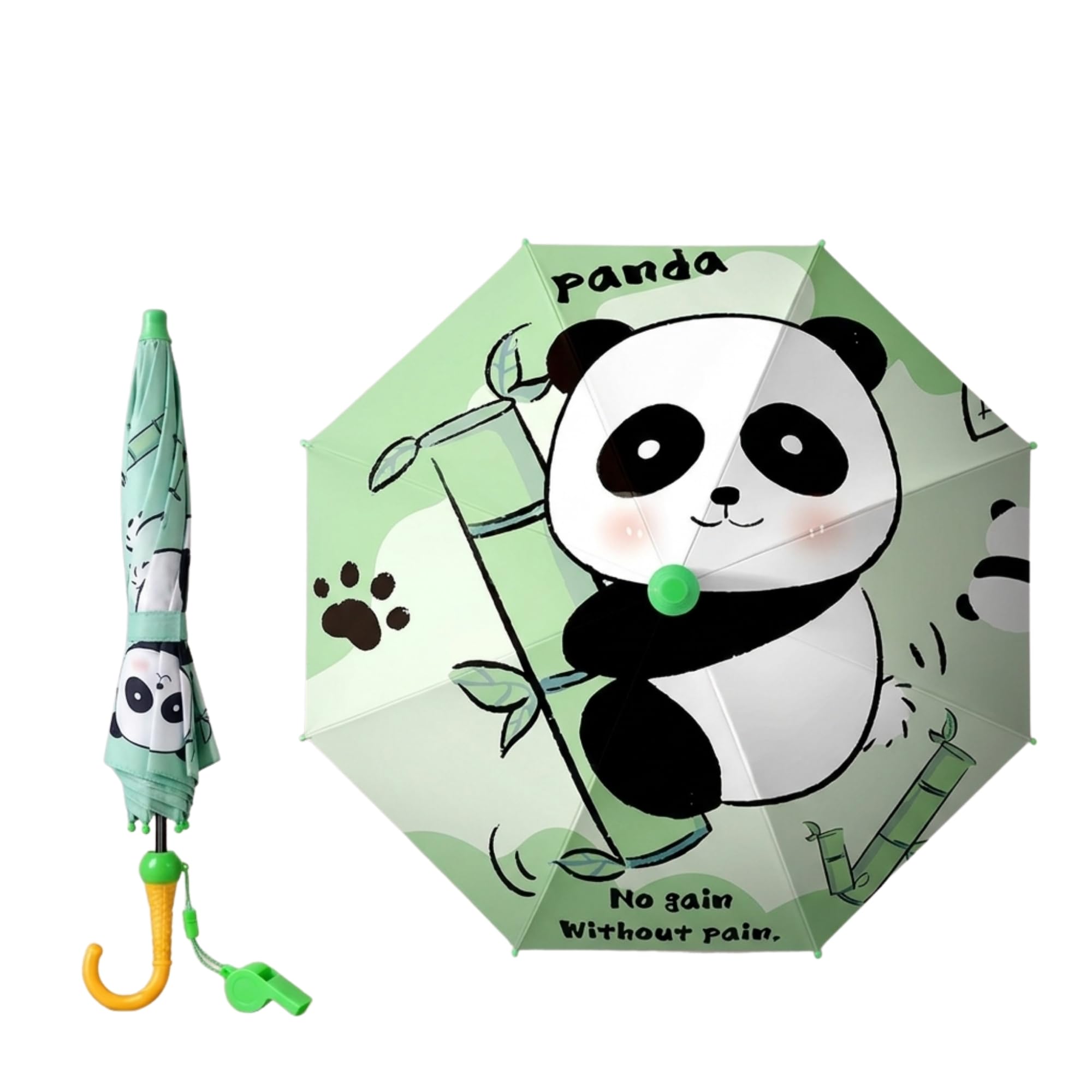kraptick Kids Umbrella with Whistle & Rolling Wheel Tip | Space Astronaut Cartoon Print Rain Umbrella for Boys & Girls | Lightweight Windproof School Umbrella for Toddlers (Green bamboo panda)-picture-11