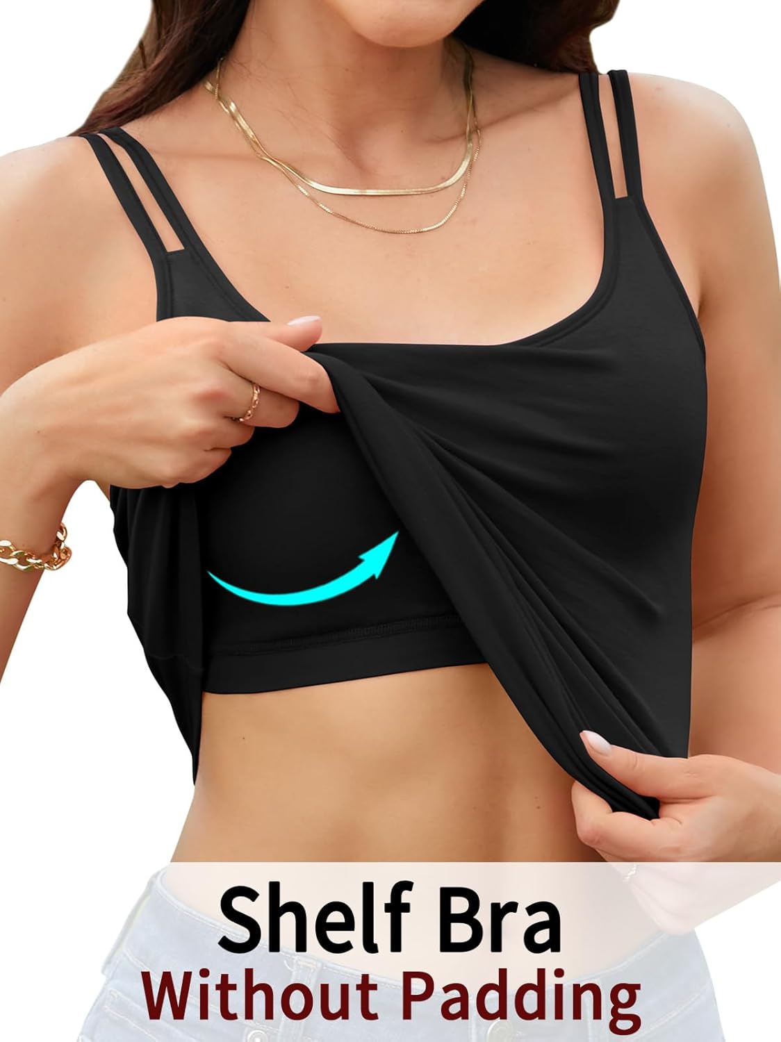 V FOR CITY Shelf Bra Camisole Tops for Women Adjustable Double Spaghetti Straps Tank Tops Cotton Yoga Cami Shirt 2 Pack - Image 3