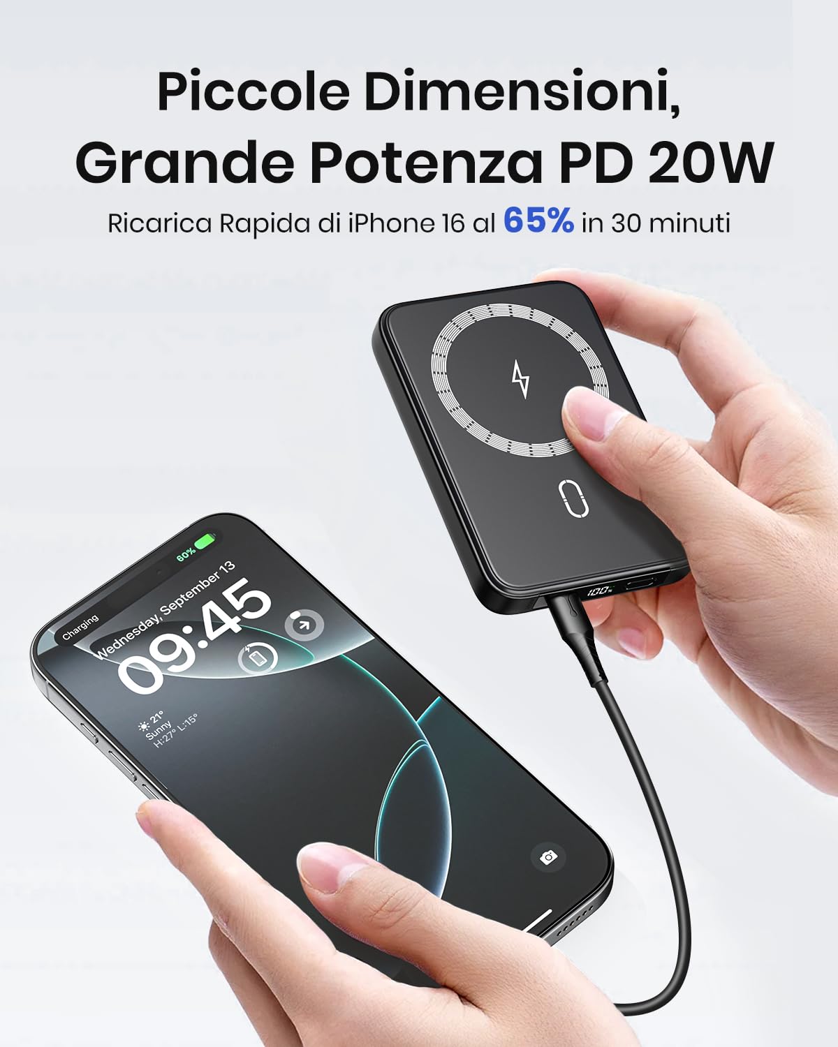 Magnetico-Power-Bank-Wireless-10000mAh - Riapow PD 20W QC 3.0 Ricarica Rapida Powerbank, Caricabatterie Portatile con Ingresso e Uscita USB C e Display LED per IPhone 16/15/14/13/12 (Nero)