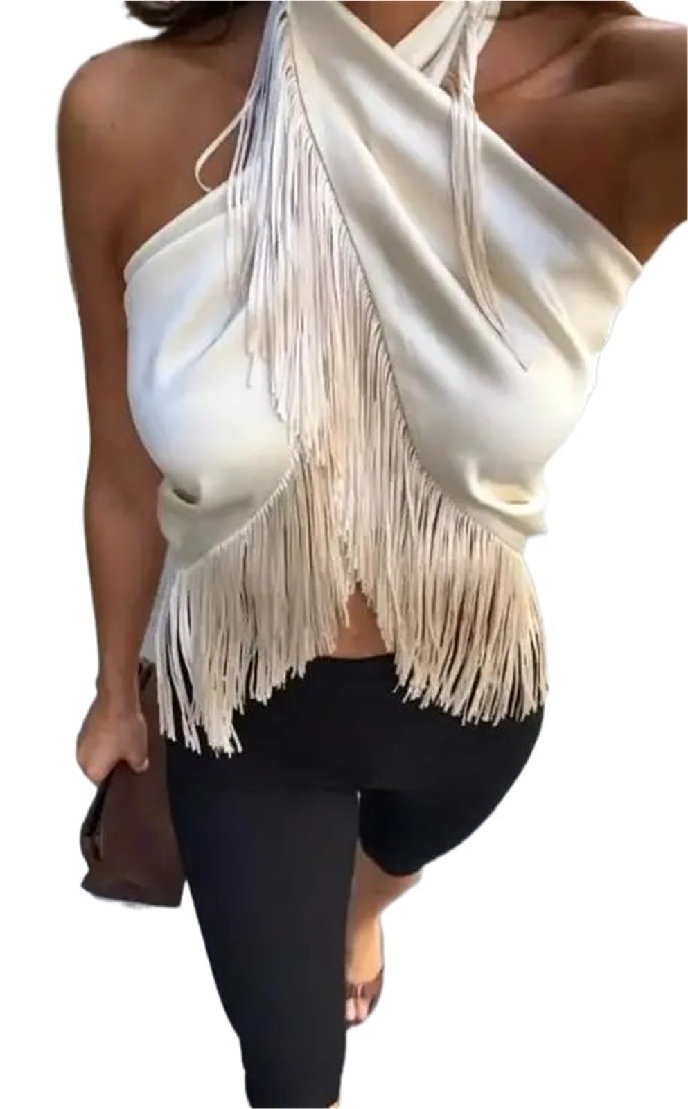 Crop Delantero Cruzado con Flecos y borlas Halter de satén Beige | Chaleco corto sin mangas, ropa urbana de verano, top nocturno, detalle de flecos