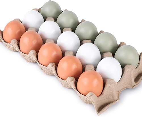 Miniatura 7 de POPLAY 15 huevos falsos de madera, 3 colores de huevos de gallina de madera, huevos de imitación para manualidades, huevos de Pascua, pintura de