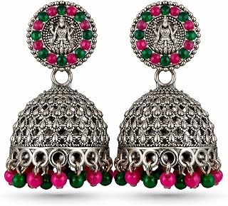 Traditional Jhumka Earring for Women, Oxidized Silver Finish, Antique Goddess Design, Pink and Green Bead Dangles, Temple ... Price In India