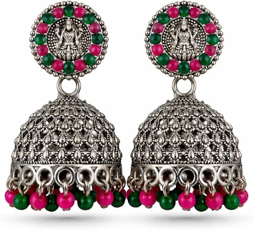Traditional Jhumka Earring for Women, Oxidized Silver Finish, Antique Goddess Design, Pink and Green Bead Dangles, Temple ...