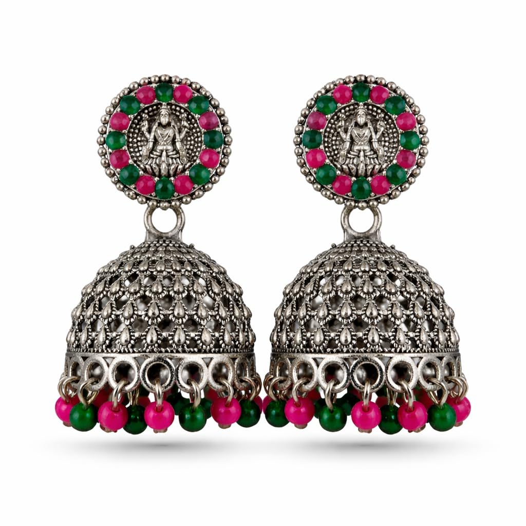 Traditional Jhumka Earring for Women, Oxidized Silver Finish, Antique Goddess Design, Pink and Green Bead Dangles, Temple ... - Review, Price and Buying Guide