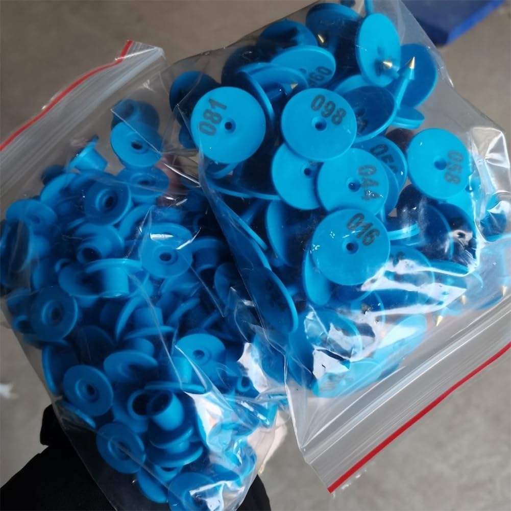 100 marche auricolari per bestiame con numeri tondi 001-1000 adatte per suini, ovini e bovini (verde/viola/rosso/bianco/giallo/blu/arancione) blu 001-100