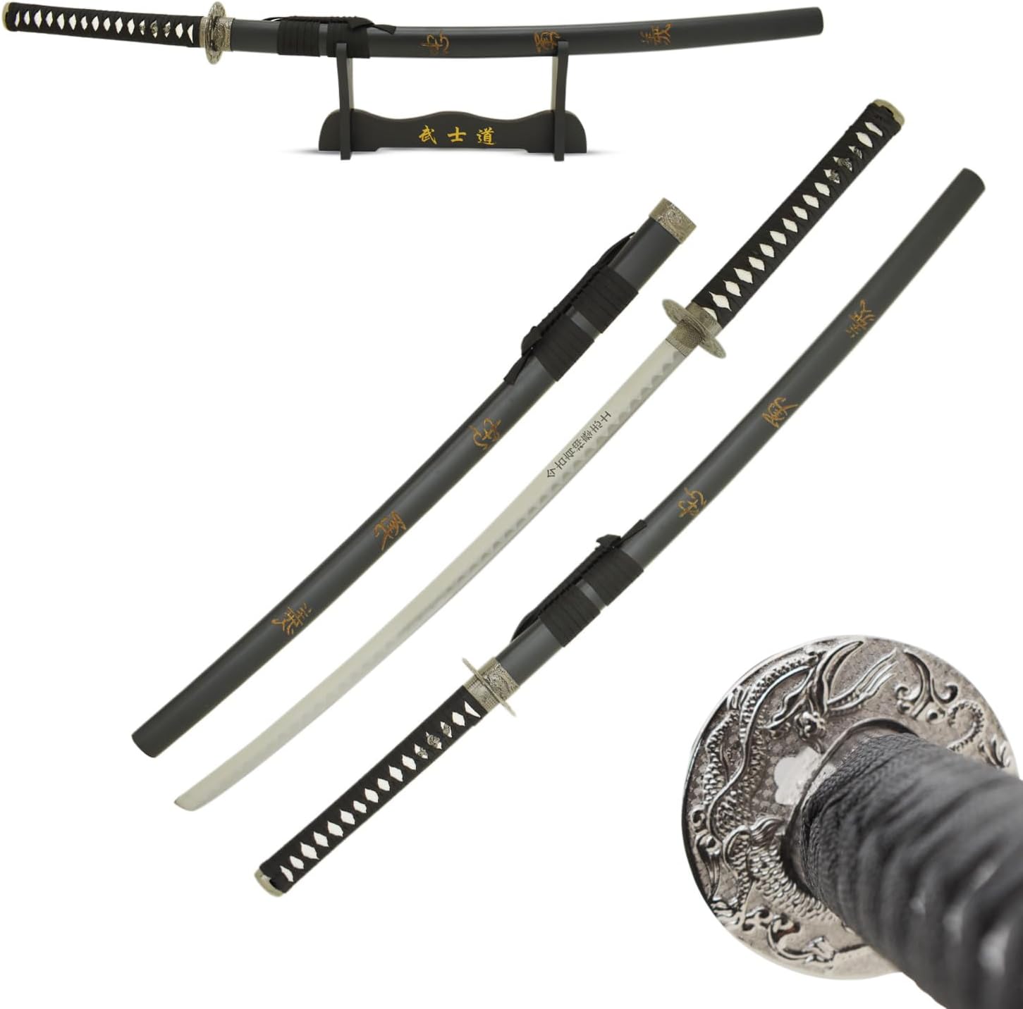 MASTER USA - Hand Carved Katana Sword with Samurai Bushido Code on Scabbard, 1045 Steel, 41.5 Inches Overall, Includes Display Stand Sword of Loyalty