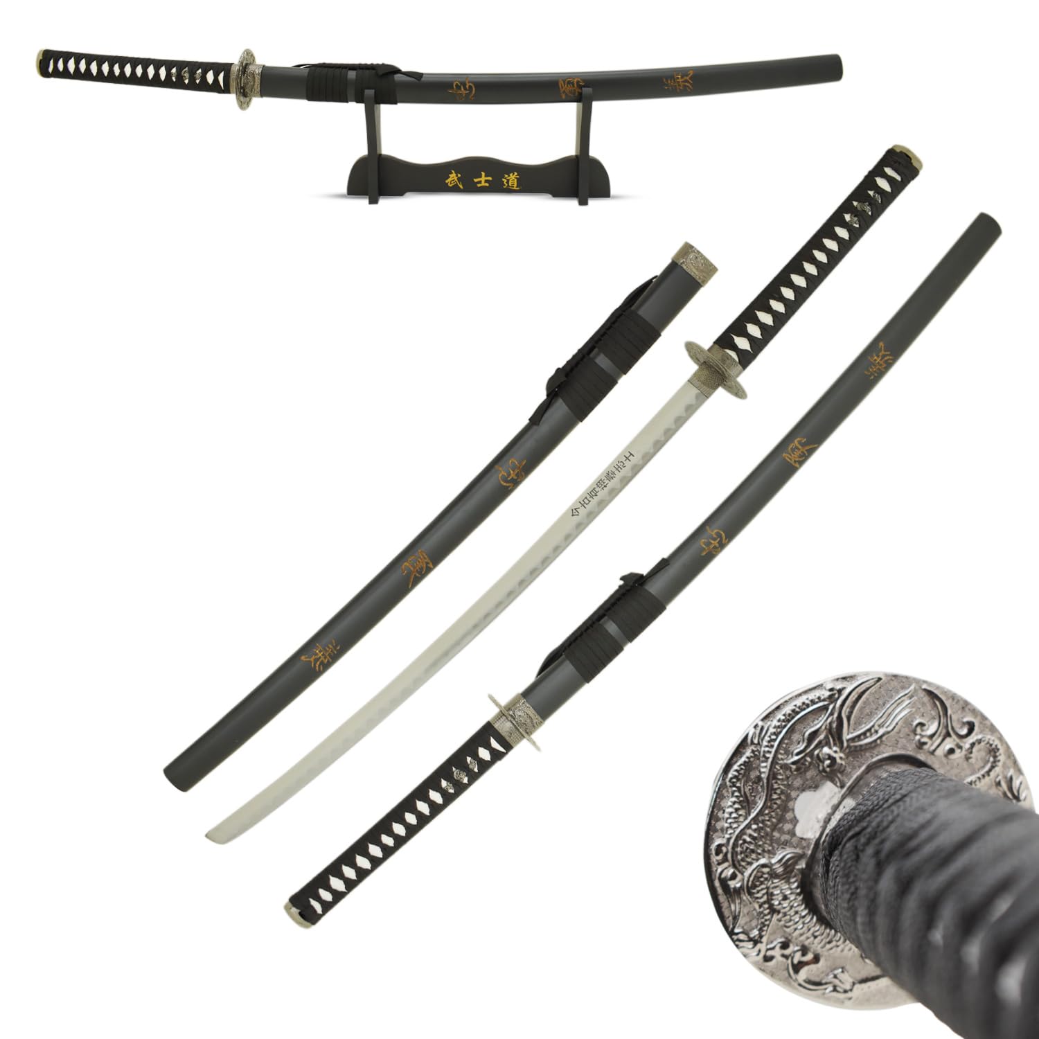MASTER USA Handmade Japanese Sword w/Hand Carved Samurai Bushido Code on Scabbard, Includes Display Stand 41.5 Inches, Black