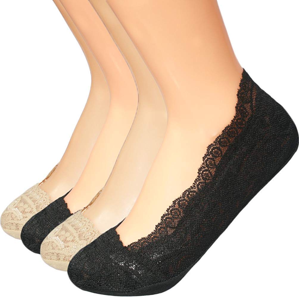 pinkit Women's/Girl's Anti-Skid Lace No Show Socks/Socks Liner/Foot Cover/Footies Socks (Pack Of 4 Pairs) Black_2/Beige_2-picture-32