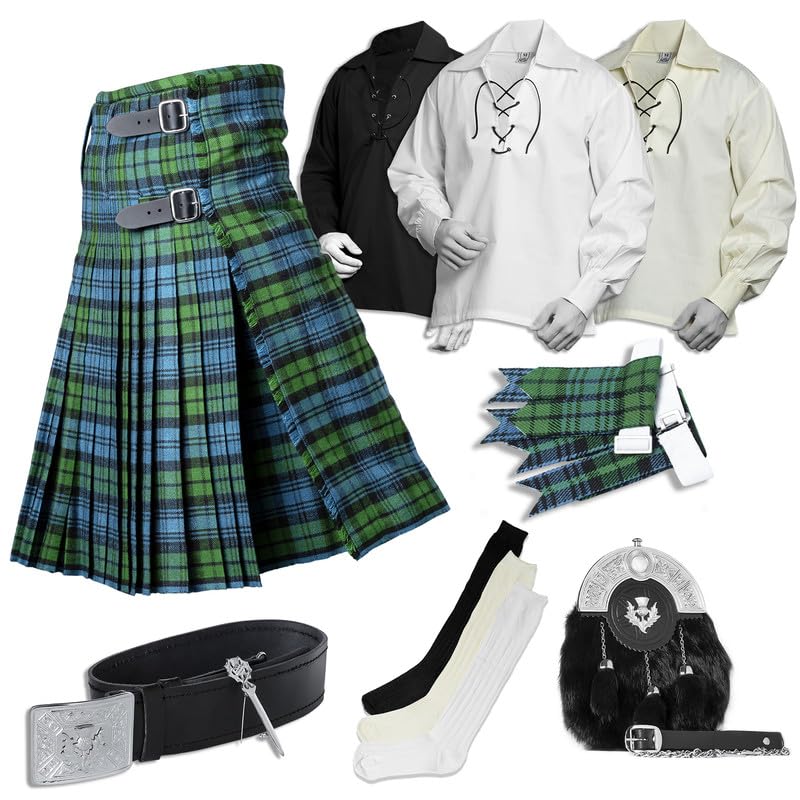 BELGLY Scottish Kilt for Men - 08 Pcs Kilt Accessories for Men, Scottish Outfit, Campbell Ancient 38''