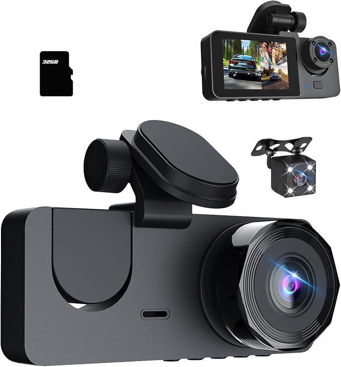 3 Channel Dash Camera Front and Rear Inside, 1080P HD Dash Cam | 32GB Card,Triple DVR Dash Cam, 2”IPS Screen, Night Vision, G-Sensor, Loop Recording, Motion Detection, 24H Parking Monitor
