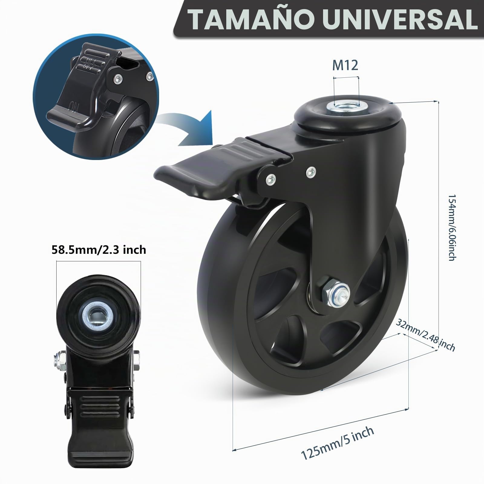 Ruedas para Muebles Pesados con Freno, Ruedas Giratorias de 125mm con Agujero Trasero M12, Ruedas Pivotantes 360 Grado que No Dejan Marcas, Juego de 4 Ruedas de Transporte Hasta 650kg
