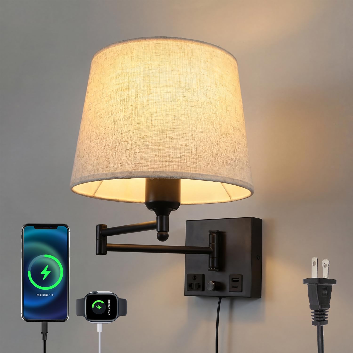 Schwenkbare Wandlampe mit Stoffschirm, USB-A & USB-C Ladeanschlüssen, integrierter Steckdose, Drehdimmer, Plug-in Wandleseleuchte verstellbar fürs Bett Schlafzimmer Hotel