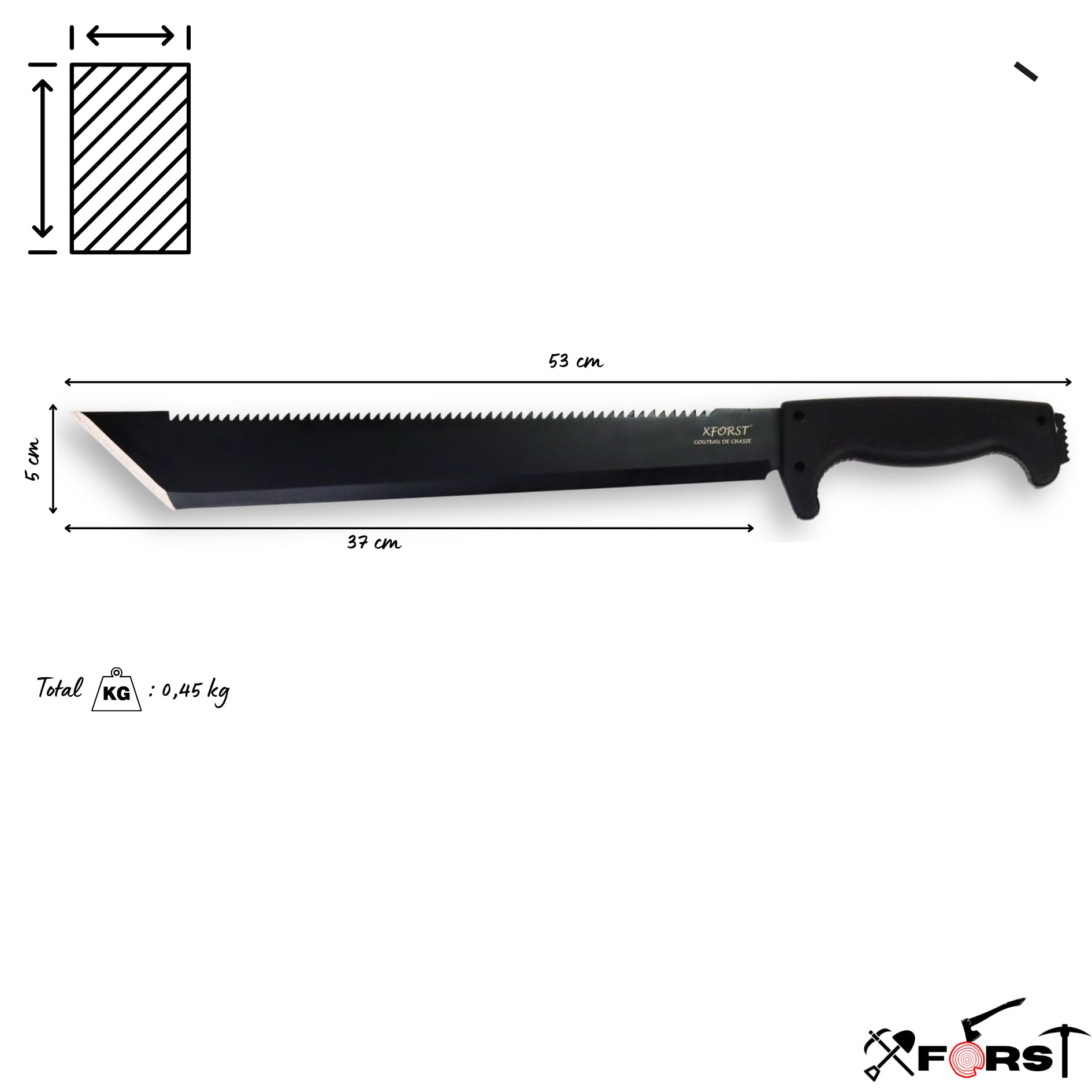 Xforst Machete MREC mit Sägeblatt, gesamtlänge 53 cm. Mit rutschfestem Gummi-Griff und feststehender Klinge. Für Outdoor, Survival und Bushcraft.