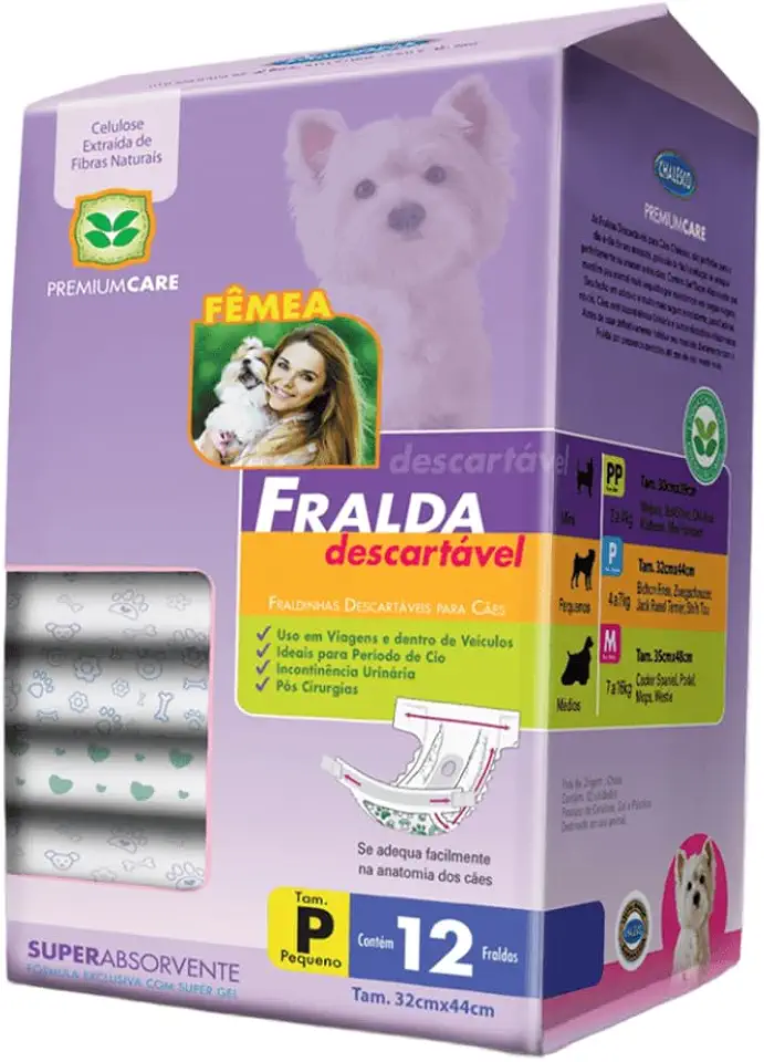 Fralda Descartável Chalesco para Cães Fêmeas Tamanho P 4 a 7Kgs - Pacote com 12 Unidades