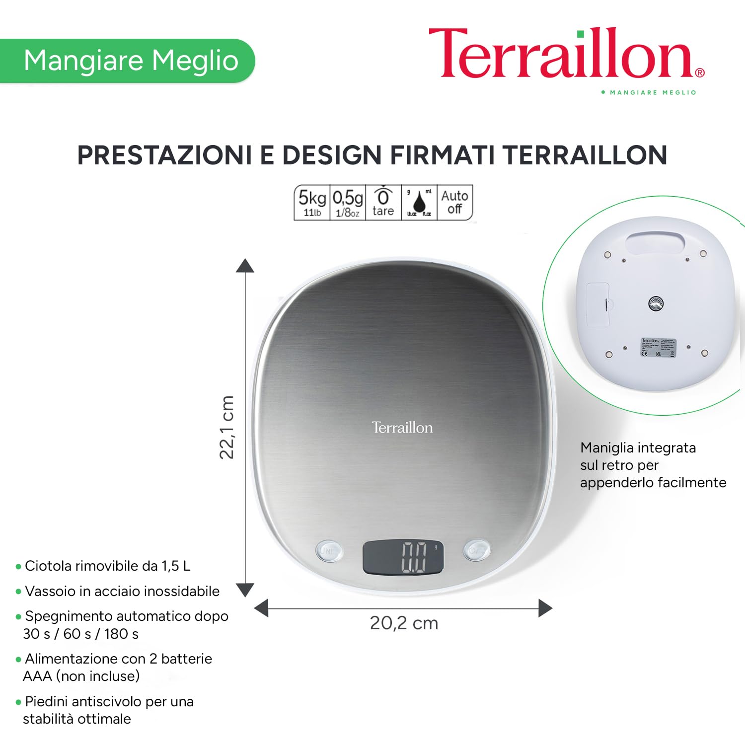TERRAILLON - MACARON GLACEE + BOL - Bilancia da cucina elettronica, finitura inox, ciotola da 1,5 l, schermo LCD retroilluminato, maniglia integrata, capacità 5 Kg, gradazione 0,5 g/1 g, acciaio inox