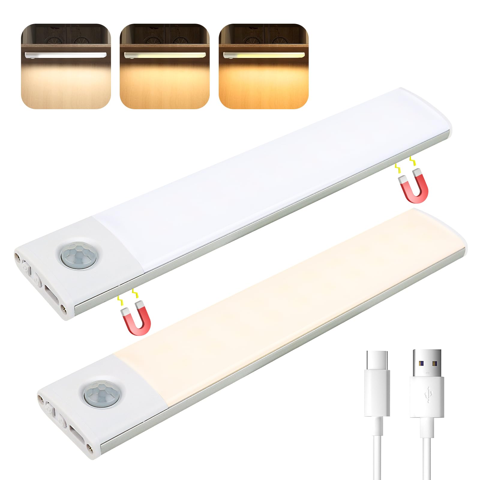 RISVOWO Luz de Armario, Luz LED Adhesiva USB Recargable Luz Nocturna, luz armario sensor movimiento, luces led inalámbrica para Escaleras, Armario, Pasillo, Cocina, Garaje-2 Packs