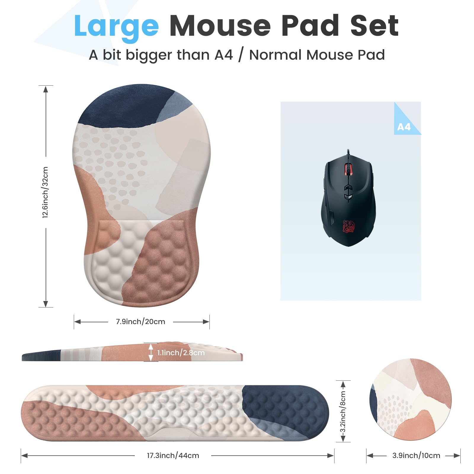 HAOCOO Ergonomisches Mauspad mit Handgelenkauflage und Tastatur-Handgelenkauflage-Set, 3-teilig, Computer-Karpaltunnel-Mauspads für den Schreibtisch mit Untersetzer, Memory-Schaum-Mauspad für