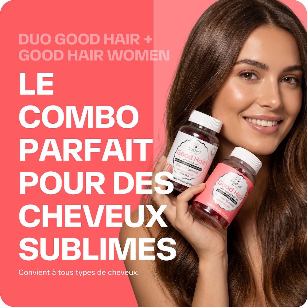 Lashilé Beauty - Complément Alimentaire - Anti-chute, croissance et fortification cheveux - Mega pack Cheveux 3 Good Hair et 3Good Hair women - Biotine, Fer, Zinc, MSM, B12 - Cure 1 Mois - 60 Gummies
