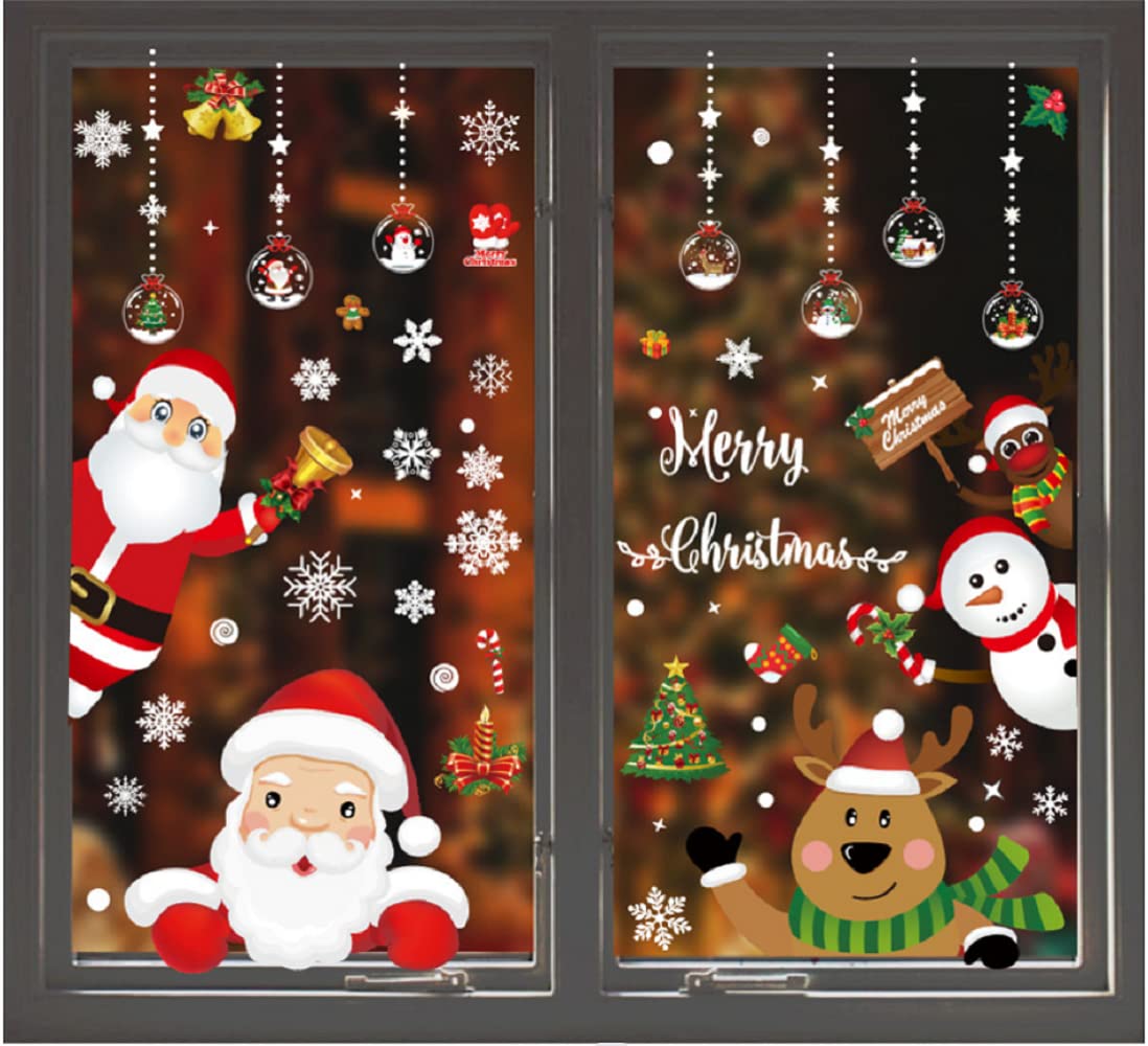 LONGTEN Christmas Windows Static Stickers Clings Santa Claus Snowman Deer Snowflake Removable Vinyl Christmas Tree DIY Wall Window Door Mural Decal Sticker for Showcase