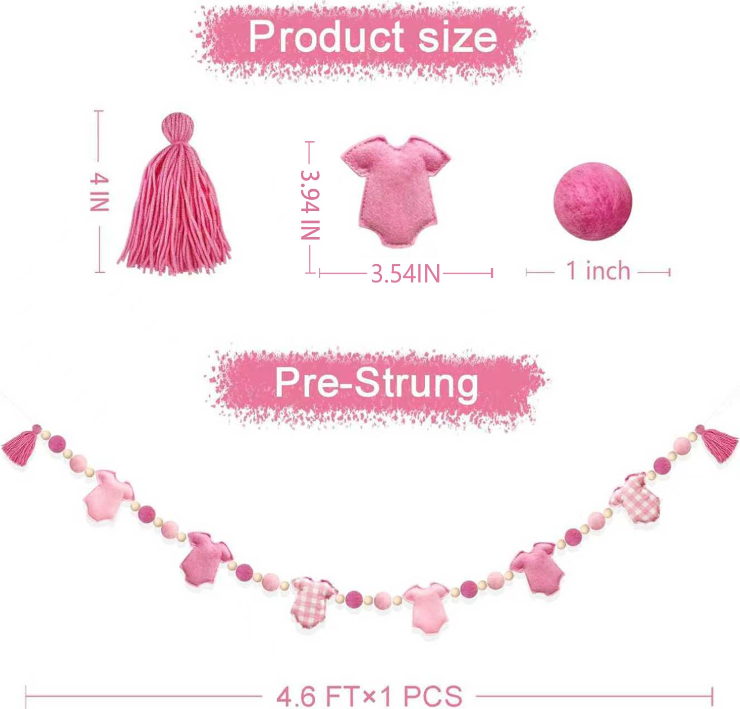 Rosa karierte Babykleidung, Dekorationen, vorbespannt, handgefertigte Filz-Babykleidung, Wollfilzkugel, Holzperle, Banner, Girlande für Mädchen, süßes Baby, Mädchen, Babyparty, Party, Kinderzimmer