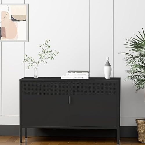 Miniatura 8 de COFaR Armario de metal negro para cafetería, 39.4 pulgadas de ancho, armario de almacenamiento con 2 puertas decorativas, aparador de buffet para