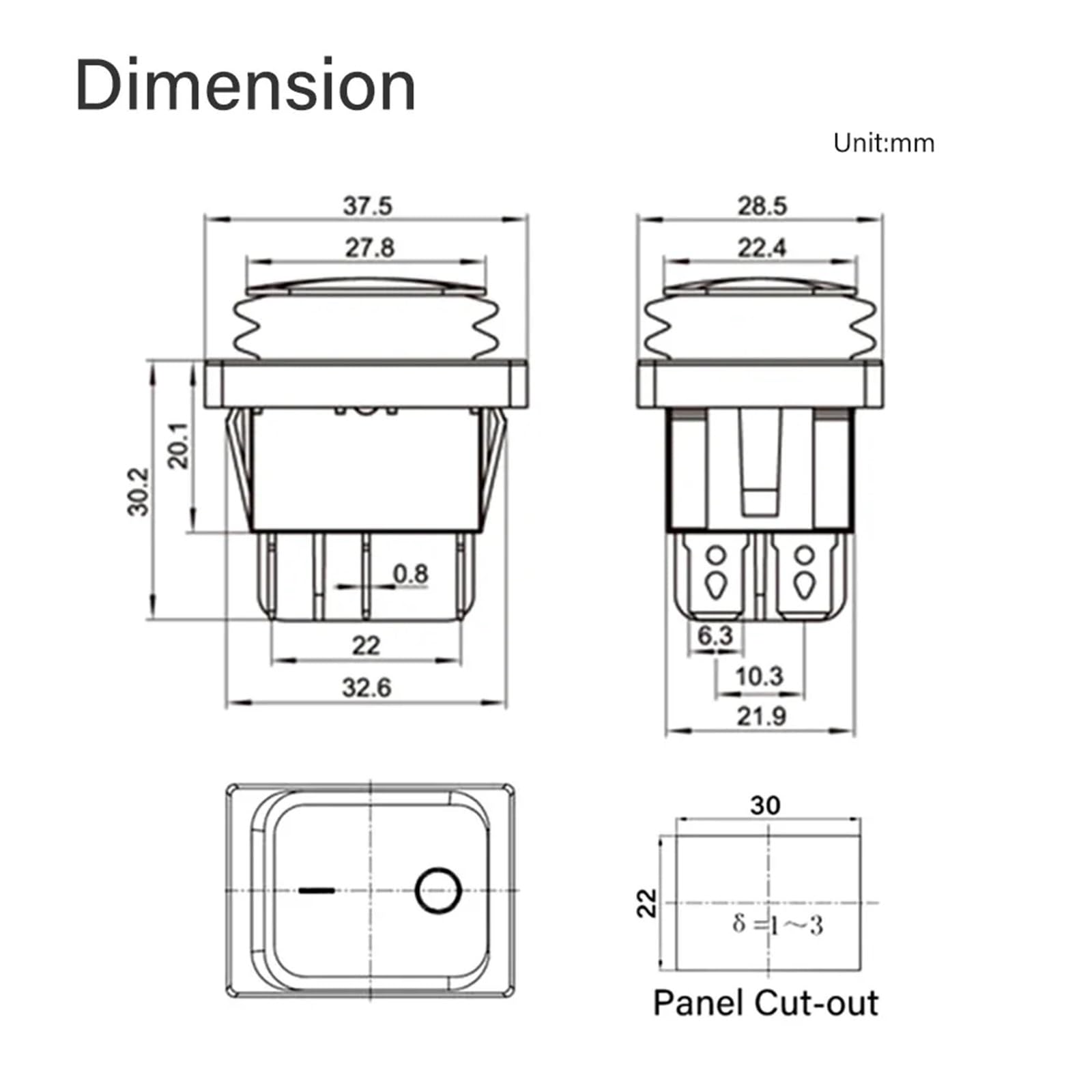 KCD4-203 - Interruttore a bilanciere, impermeabile, 16 A, 250 VAC, 30 x 22 mm, T85, IP65, 6 pin, DPDT ON OFF ON, 12 V, 220 V, luce rossa, verde, blu, 2 pezzi