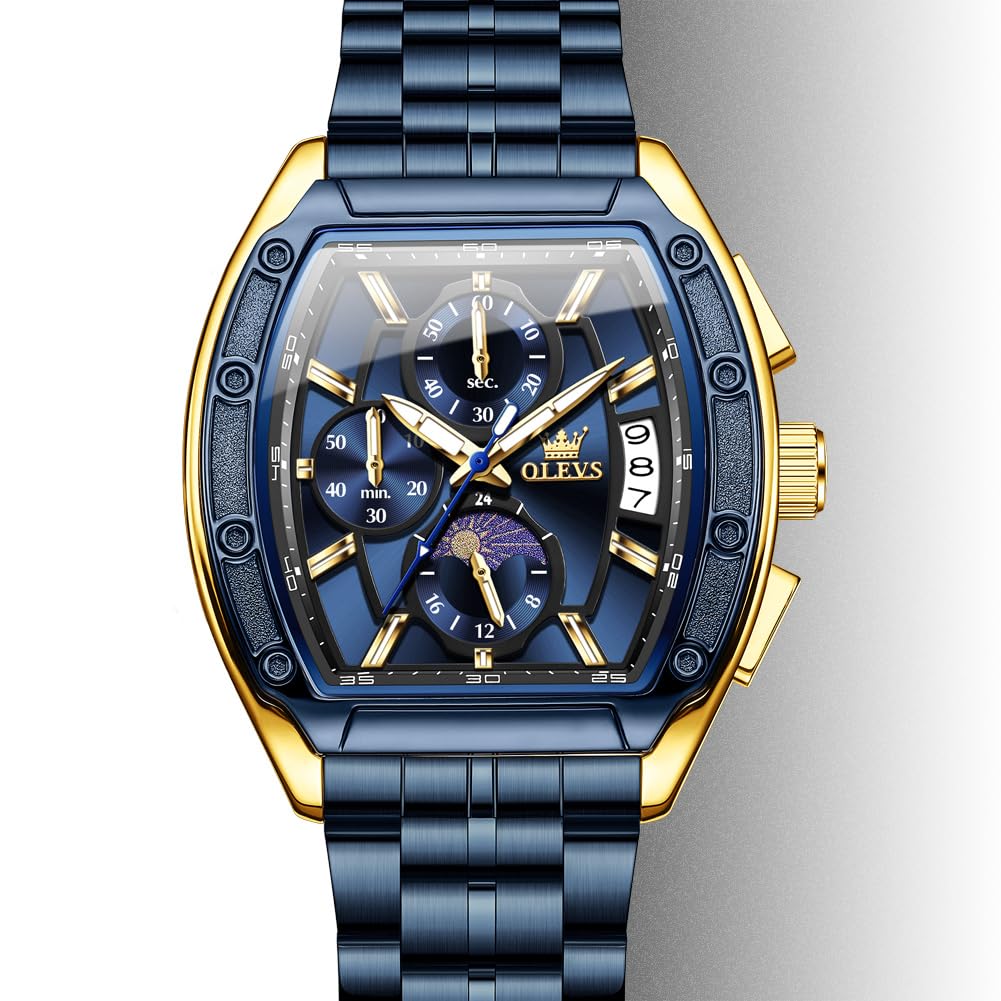 OLEVS Mens Watches Analog Quartz Chronograph Square Dress Watch for Man Stainless Steel or Leather Band Waterproof Luminous Date Male Watch