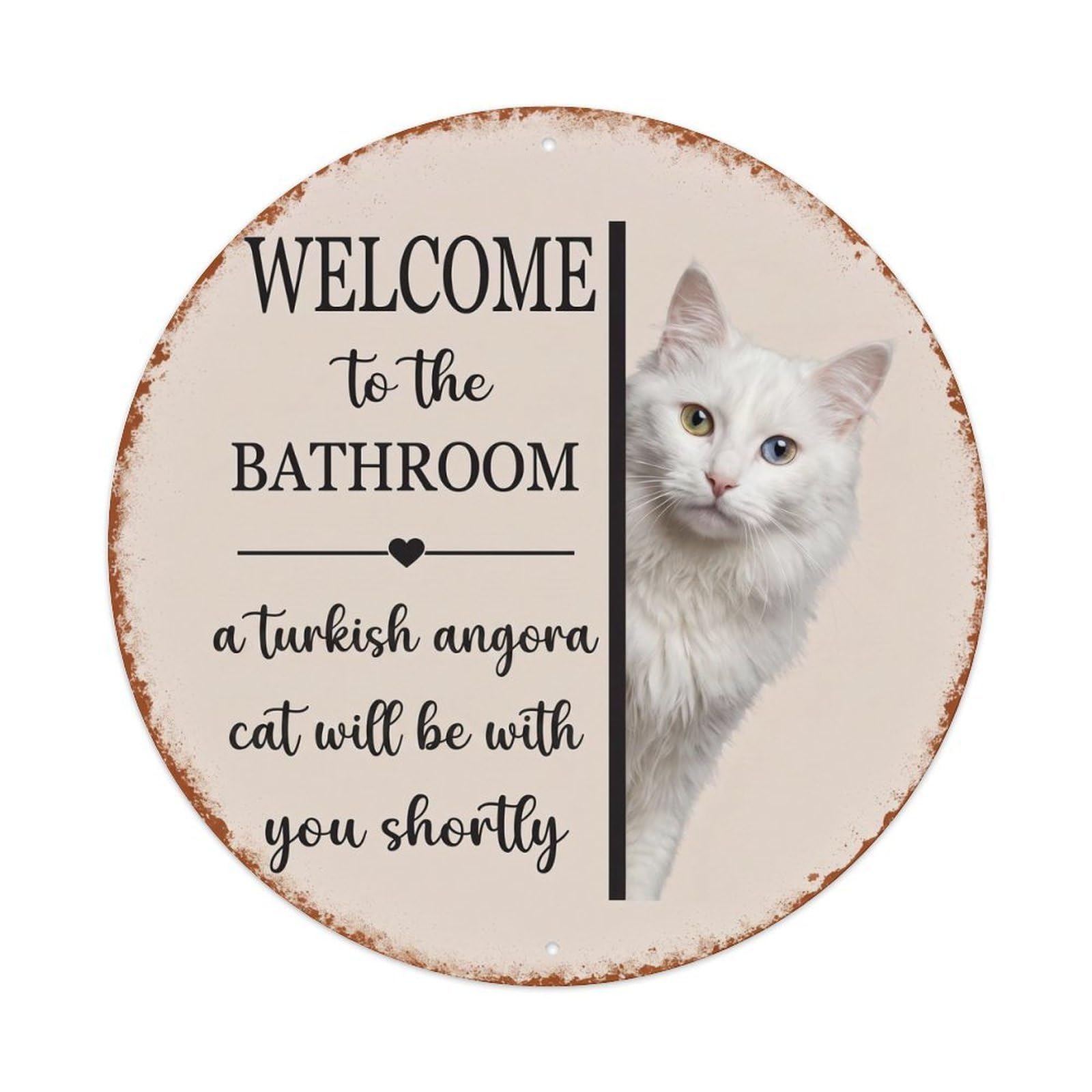 Vintage WELCOME To The BATHROOM Turkish Angora Cat Metal Tin Sign