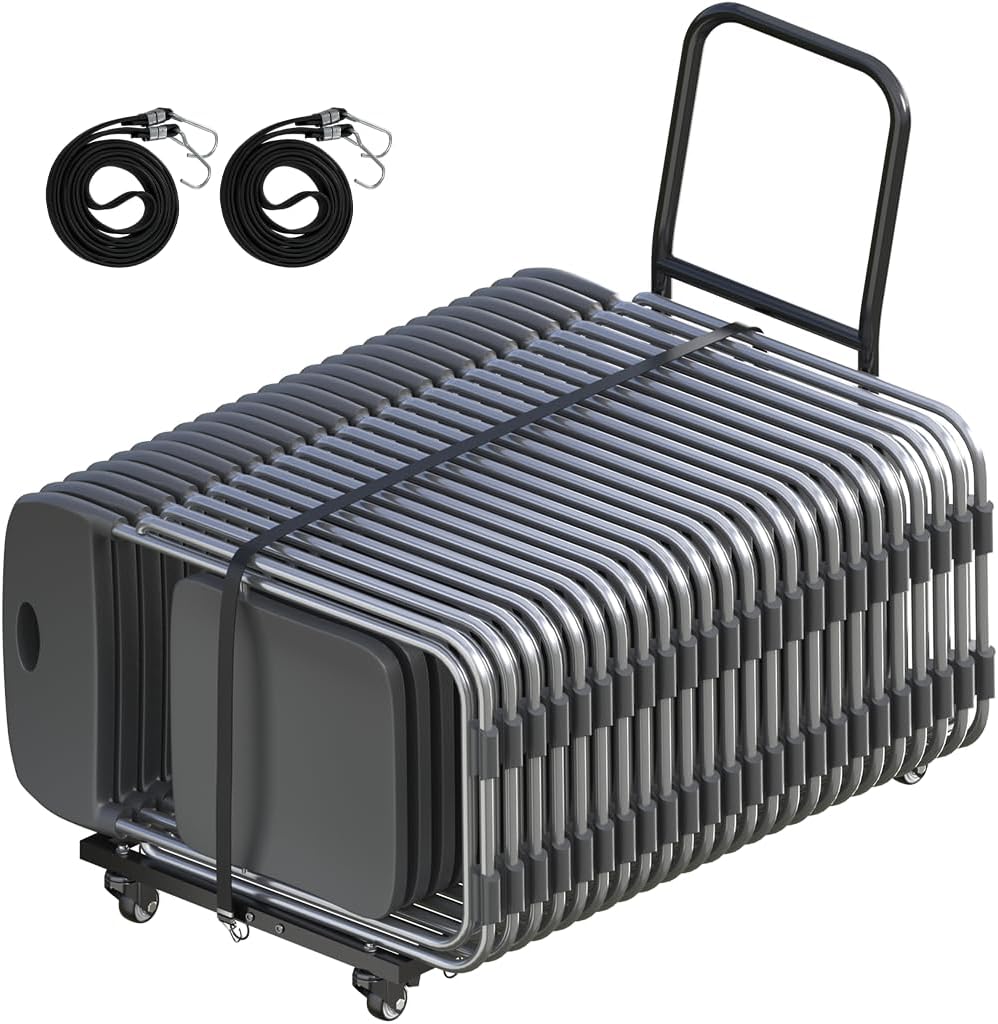 Adjustable Folding Chair Cart with Wheels & Two 78.7in Ropes, 300 LBS Capacity for 35 Chairs Heavy-Duty Folding Chair Dolly, Multi-Function Storage Cart for Party, Wedding, Meeting, Black