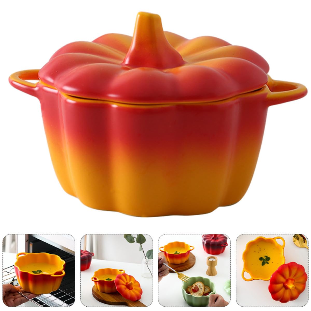 ABOOFAN Cuenco de Cerámica con Forma de Calabaza y Tapa para Mantener Frescura, Tazón Creativo para Servir Sopa y Postres en Navidad o Regalos