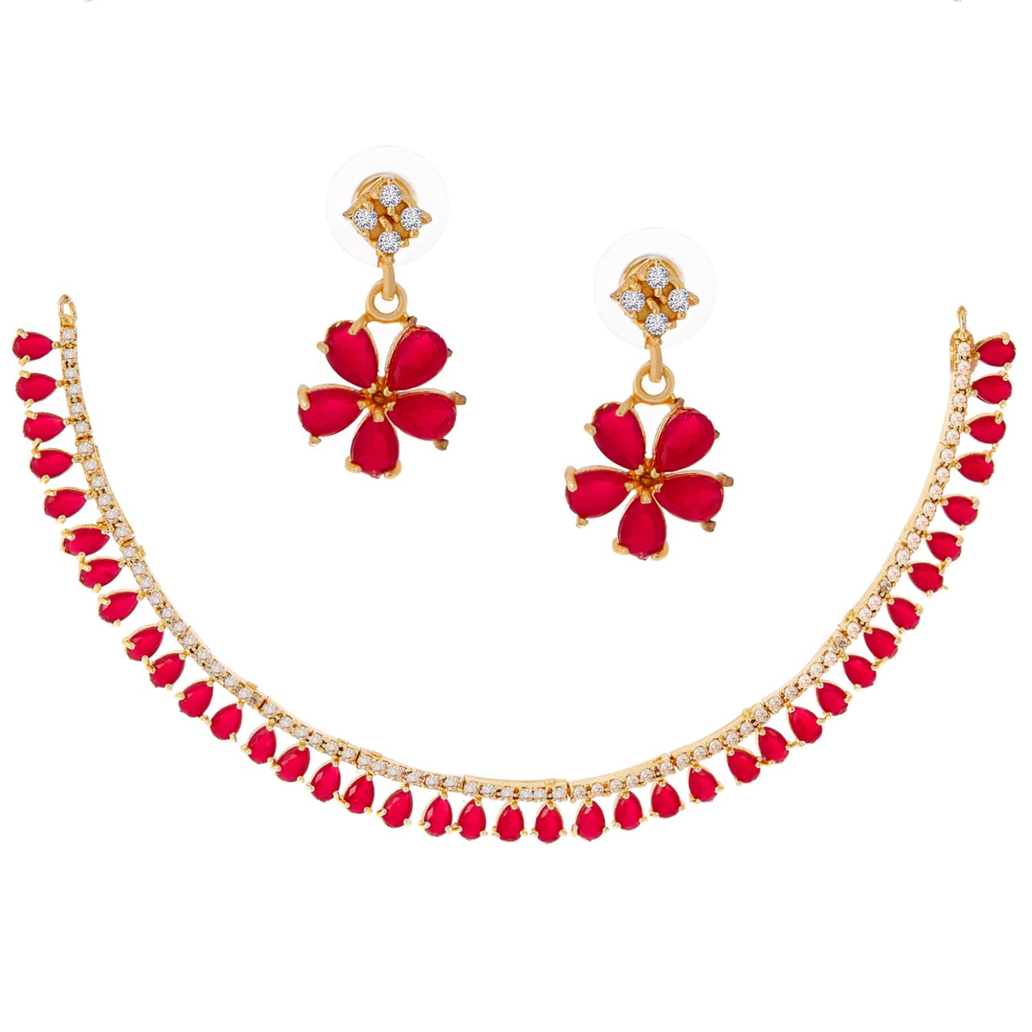 Jewellery Set Gold Plated American Diamond Necklace Set with Earrings Jewellery for Women & Girls
