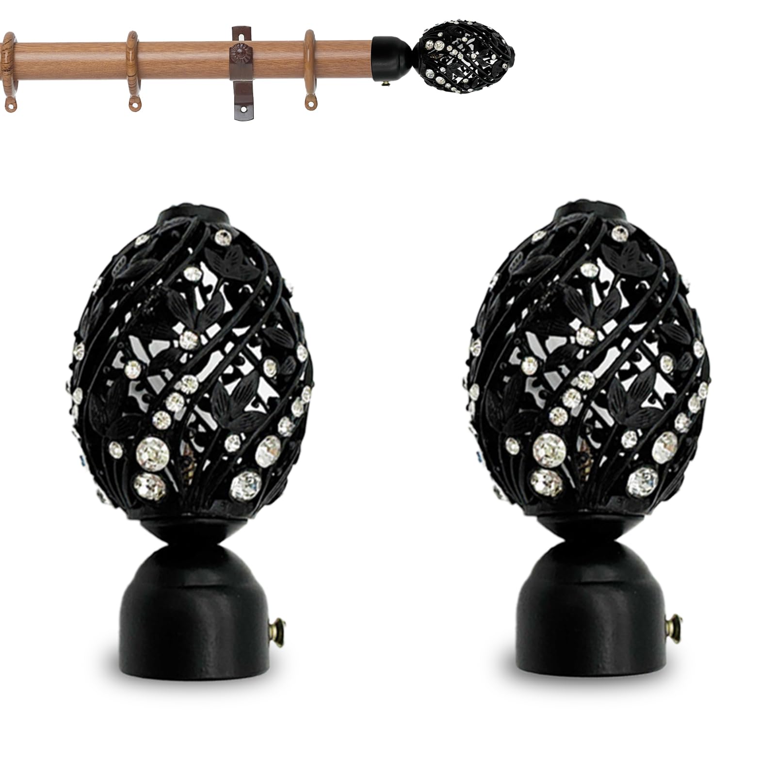 2-Pack Curtain Rod End Caps – Iron Finials with Screws, Compatible with Rods Up to 1-Inch Diameter, Black with Sparkling Rhinestones (Black)