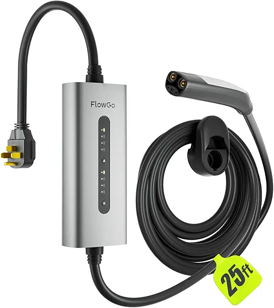FlowGo Tesla Charger 40A Level 2 EV Charger NACS 240V with 14-50 Plug 25 FT Cable 9.6KW Portable Tesla Charging Equipment 15-40 Amps Adjustable Current Mobile Electric Car Chargers for Model 3/S/Y
